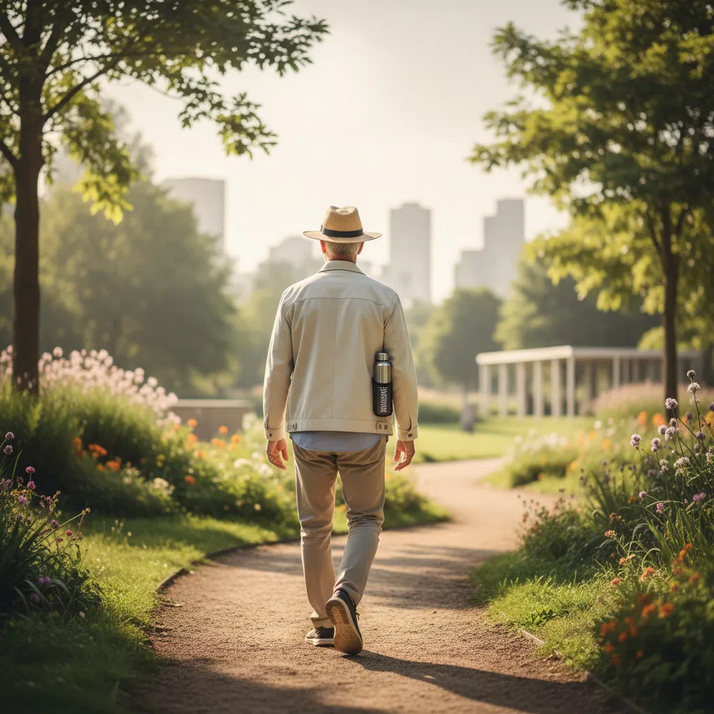 Man walking in a bright urban park, seen from behind