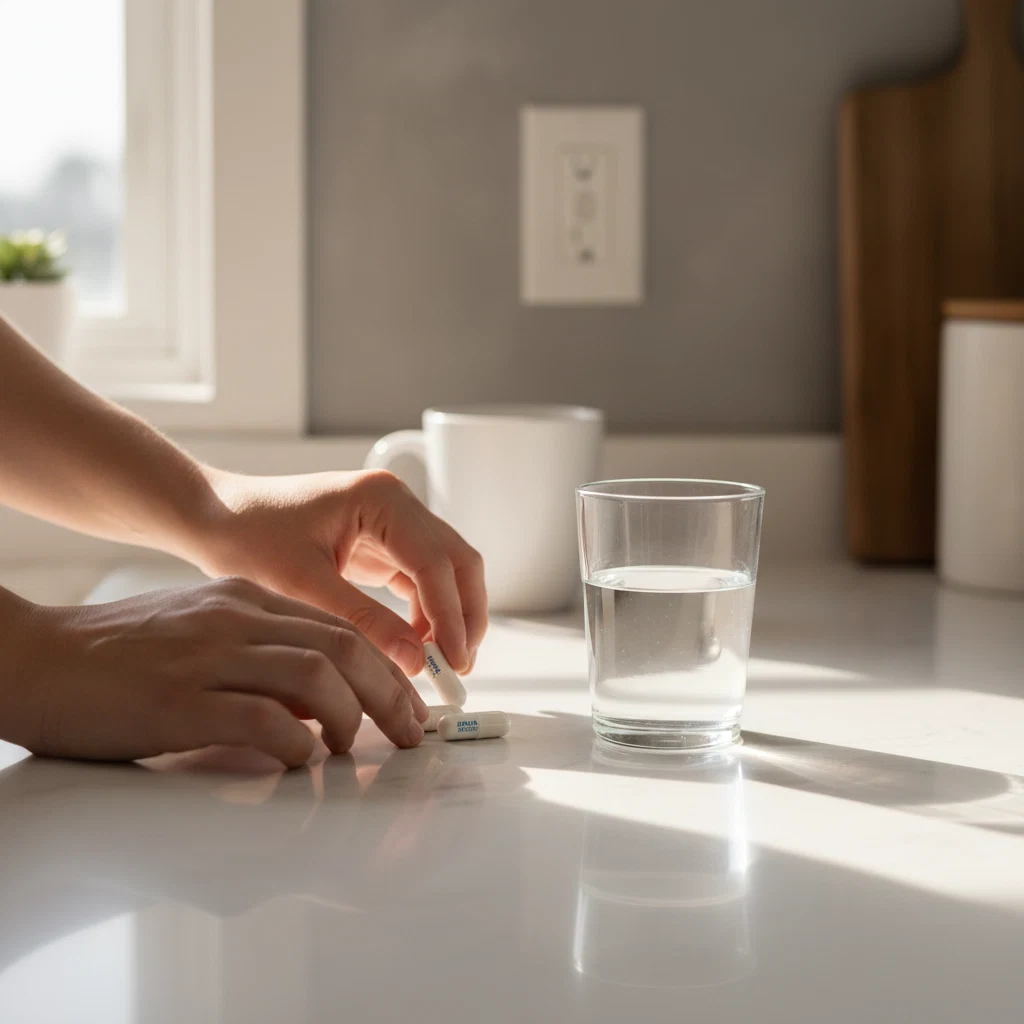 Hands placing two white supplement capsules beside a glass of water on a bright kitchen counter